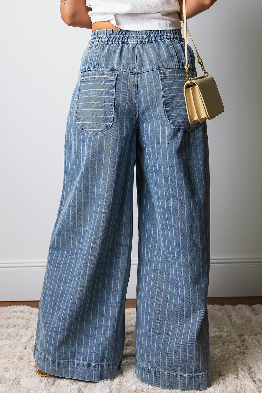 FRAME Striped Button Pleated Wide Leg Jeans | Drawstring Waist