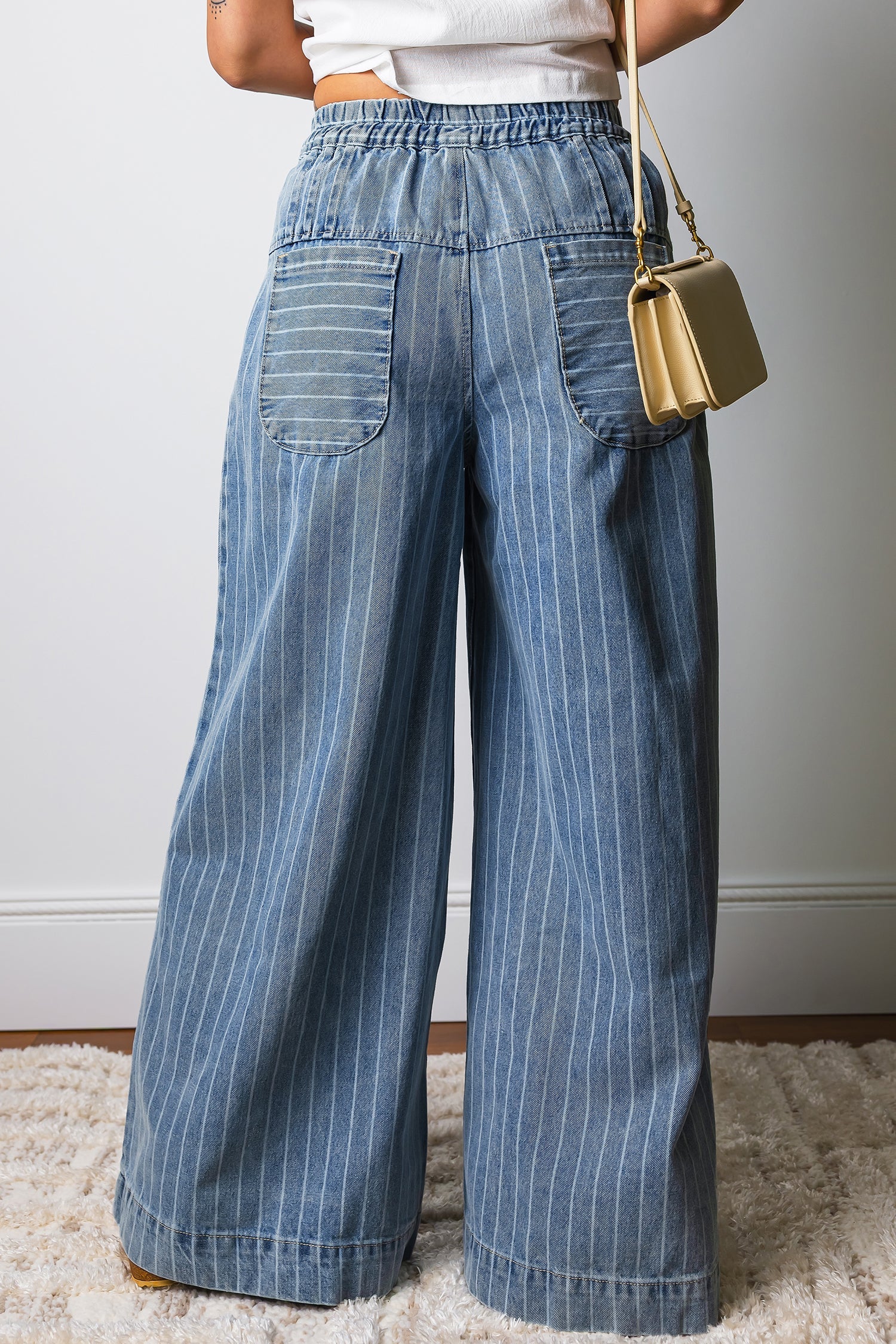 FRAME Striped Button Pleated Wide Leg Jeans | Drawstring Waist
