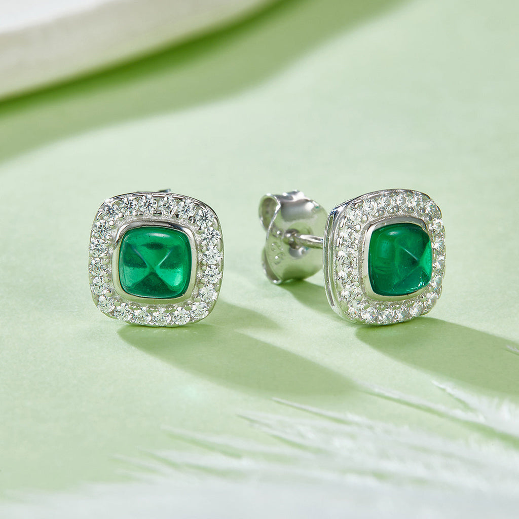 S925 Silver 1.4g Lab-Created Emerald Stud Earrings, 0.79ct 4mm Halo, 1 Pair