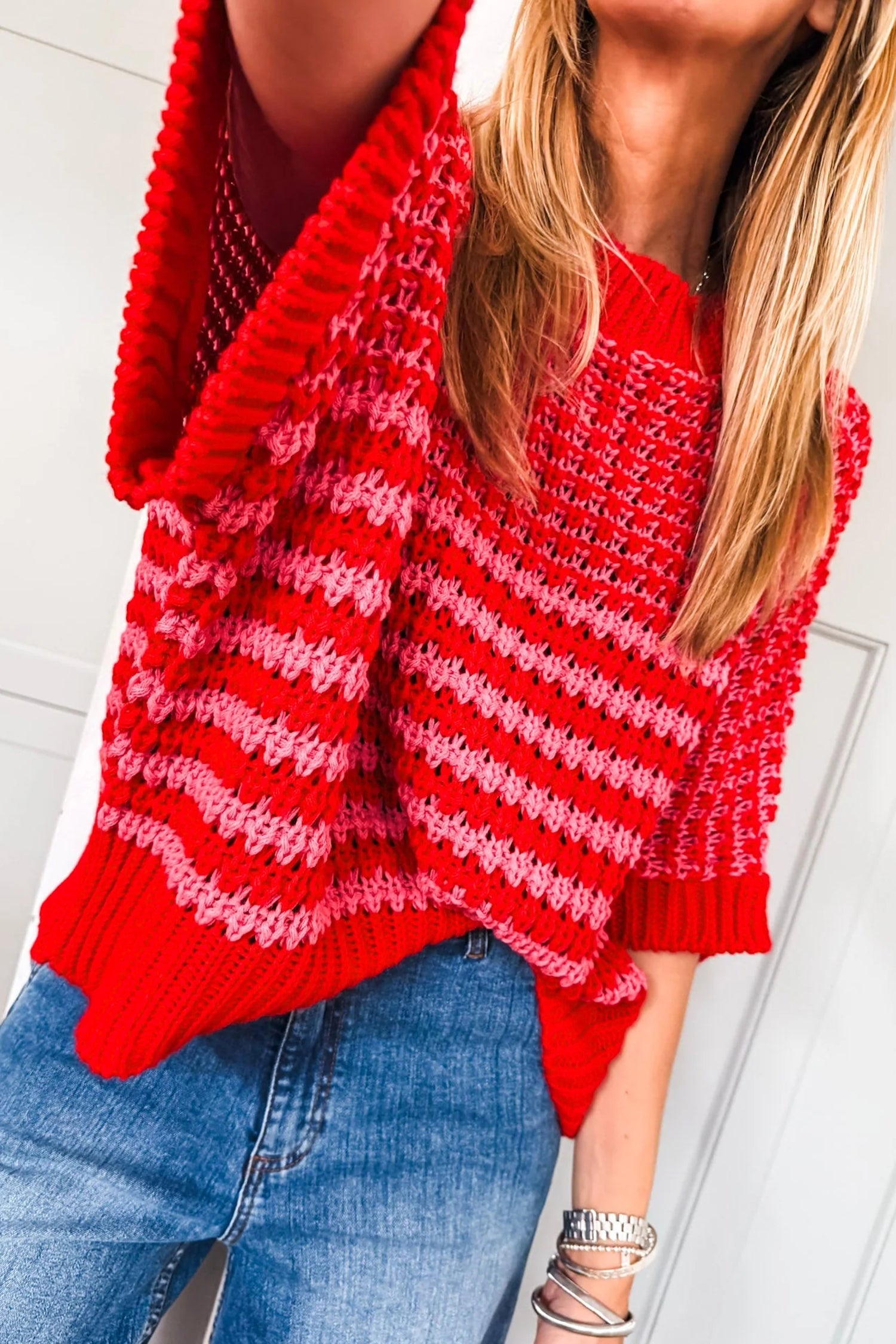 Red Stripe 3/4 Draped Sleeve Slouchy Sweater | Acrylic Knit