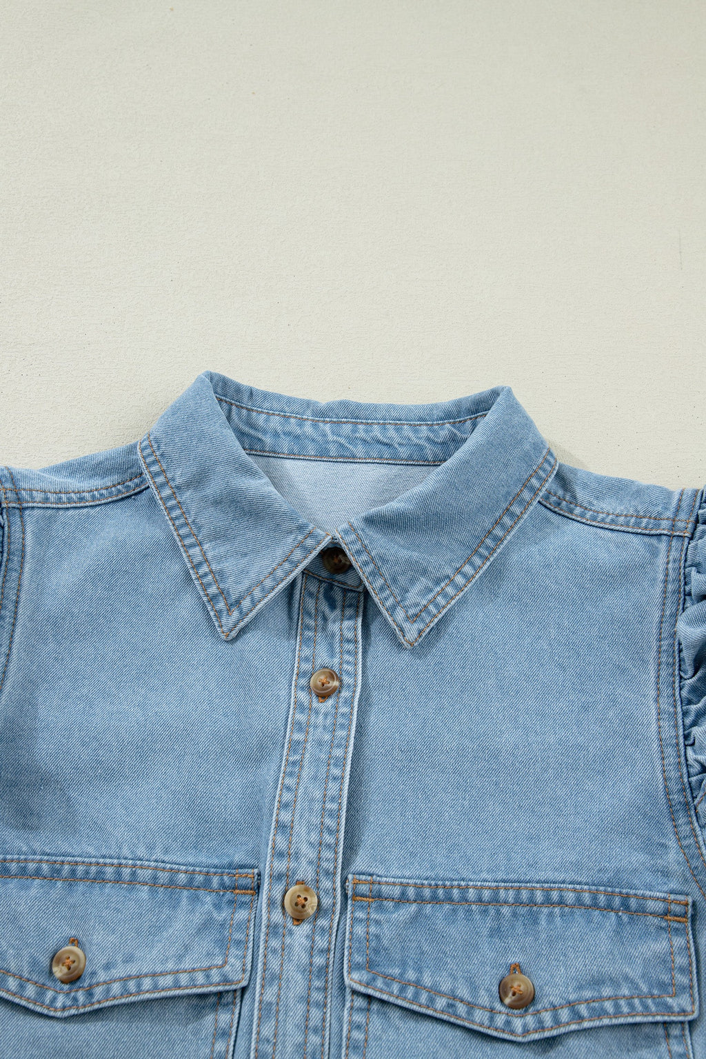 Ruffle Detail Puff Sleeve Button-Down Denim Shirt