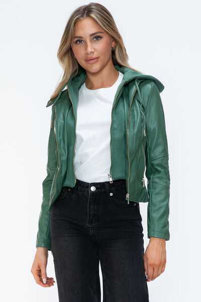 Women's Faux Leather Zip-Up Hooded Jacket Casual Urban Streetwear
