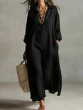 Women's Long-Sleeve Linen Blend Shirt Dress Casual Midi Dress - Image 6