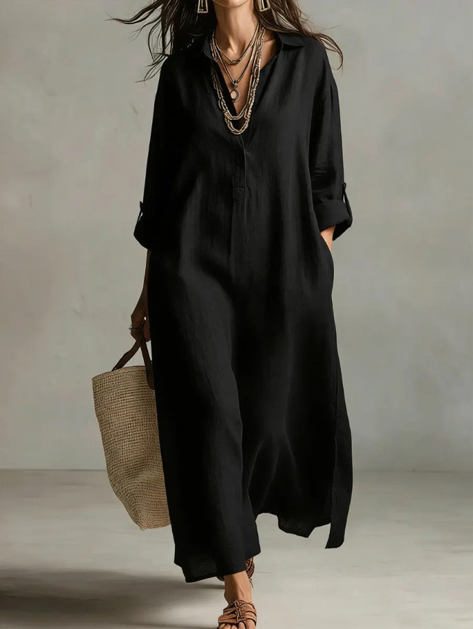 Women's Long-Sleeve Linen Blend Shirt Dress Casual Midi Dress - Image 6