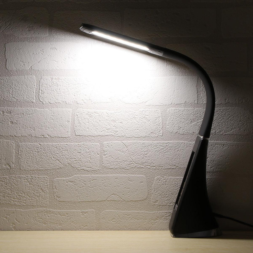 Modern black multifunction LED desk lamp with digital calendar and temperature display.