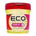16oz jar of Eco Styler Argan Oil Styling Gel with bright yellow gel and red branding