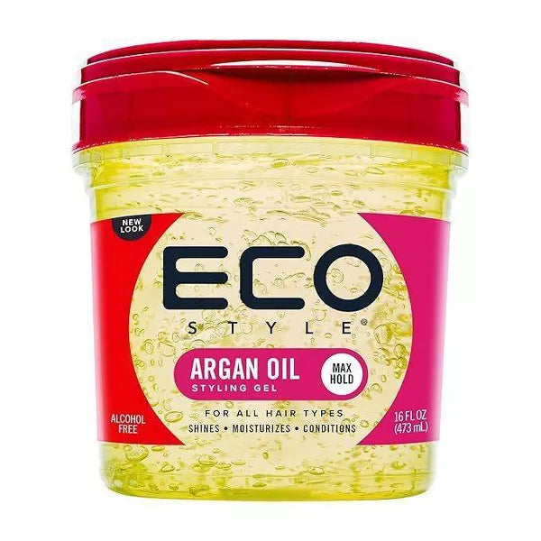 16oz jar of Eco Styler Argan Oil Styling Gel with bright yellow gel and red branding
