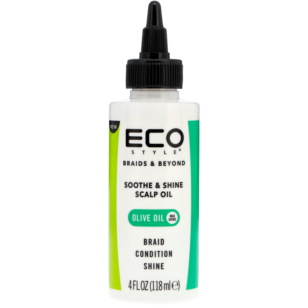 Eco Style Braids & Beyond Soothe & Shine Scalp Oil 4oz bottle with green accents