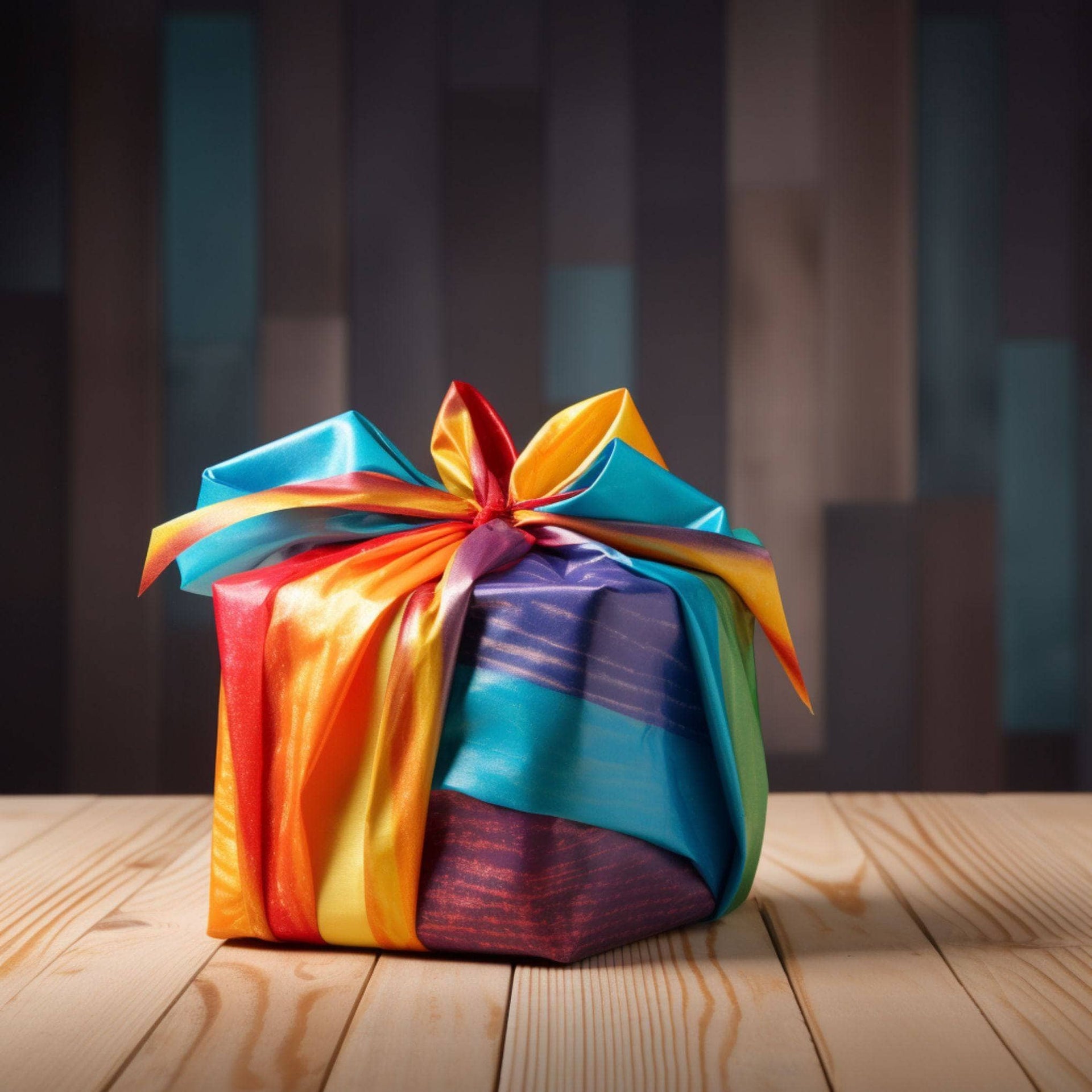 A vibrant, multi-colored upcycled satin fabric cube used as sustainable gift wrapping in a modern living room.