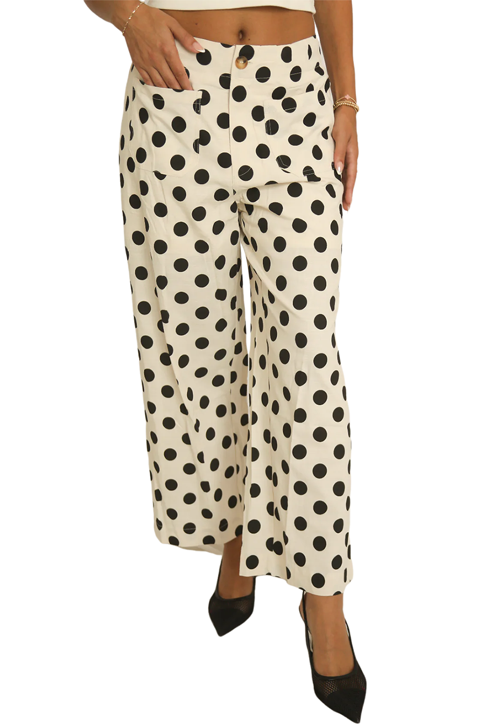White Polka Dot Loose Wide Leg Pants with Patched Pockets