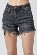 A pair of washed black denim shorts with a raw hem and distressing, front and back view.