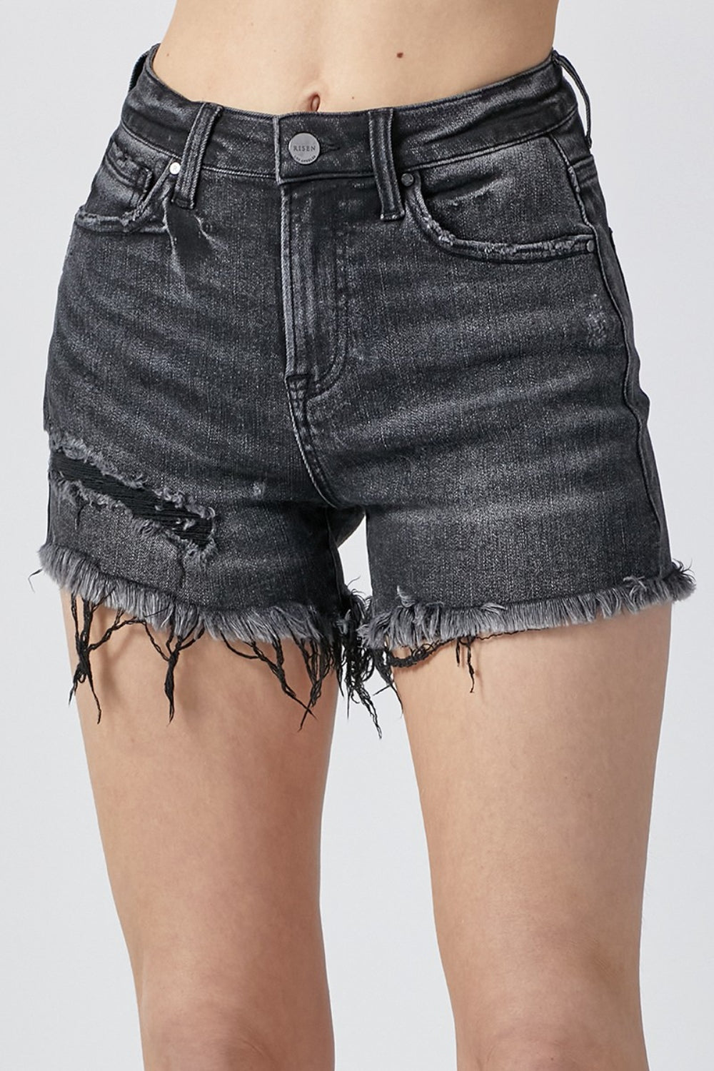 A pair of washed black denim shorts with a raw hem and distressing, front and back view.