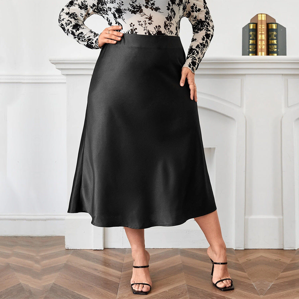 Elegant black satin high-waist A-line skirt.