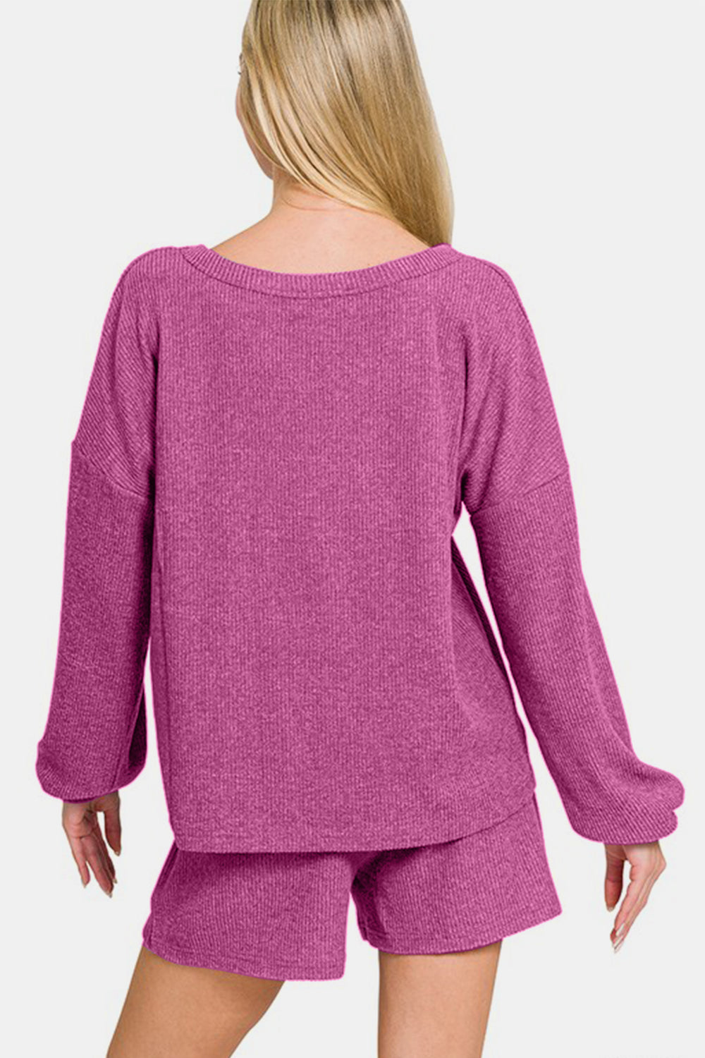 Zenana V-Neck Long Sleeve Ribbed Top & Shorts Set