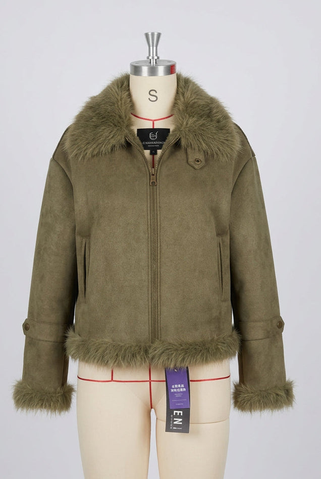 Women's Suede-Look Cropped Biker Jacket with Fluffy Trim