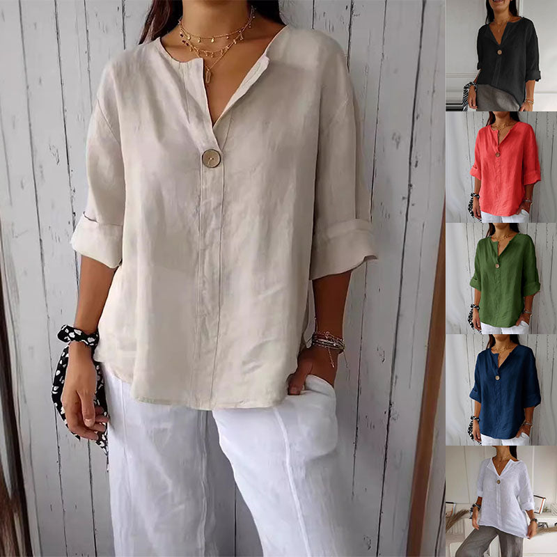 A relaxed fit, long-sleeve linen V-neck button-down blouse in beige for a casual resort-wear look.