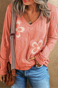 Fresh Salmon Floral Patched V Neck Long Sleeve Top