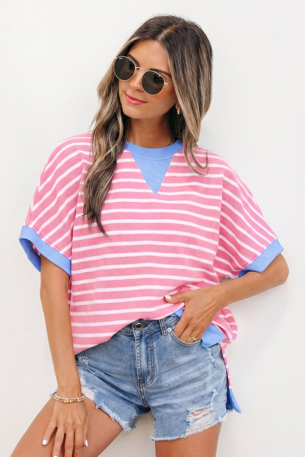 Kelly Striped Short Sleeve Knit Top with Color Block
