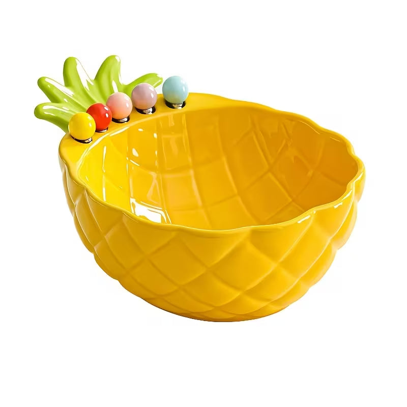Pineapple-Shaped Ceramic Fruit Bowl with Stainless Steel Fork Set