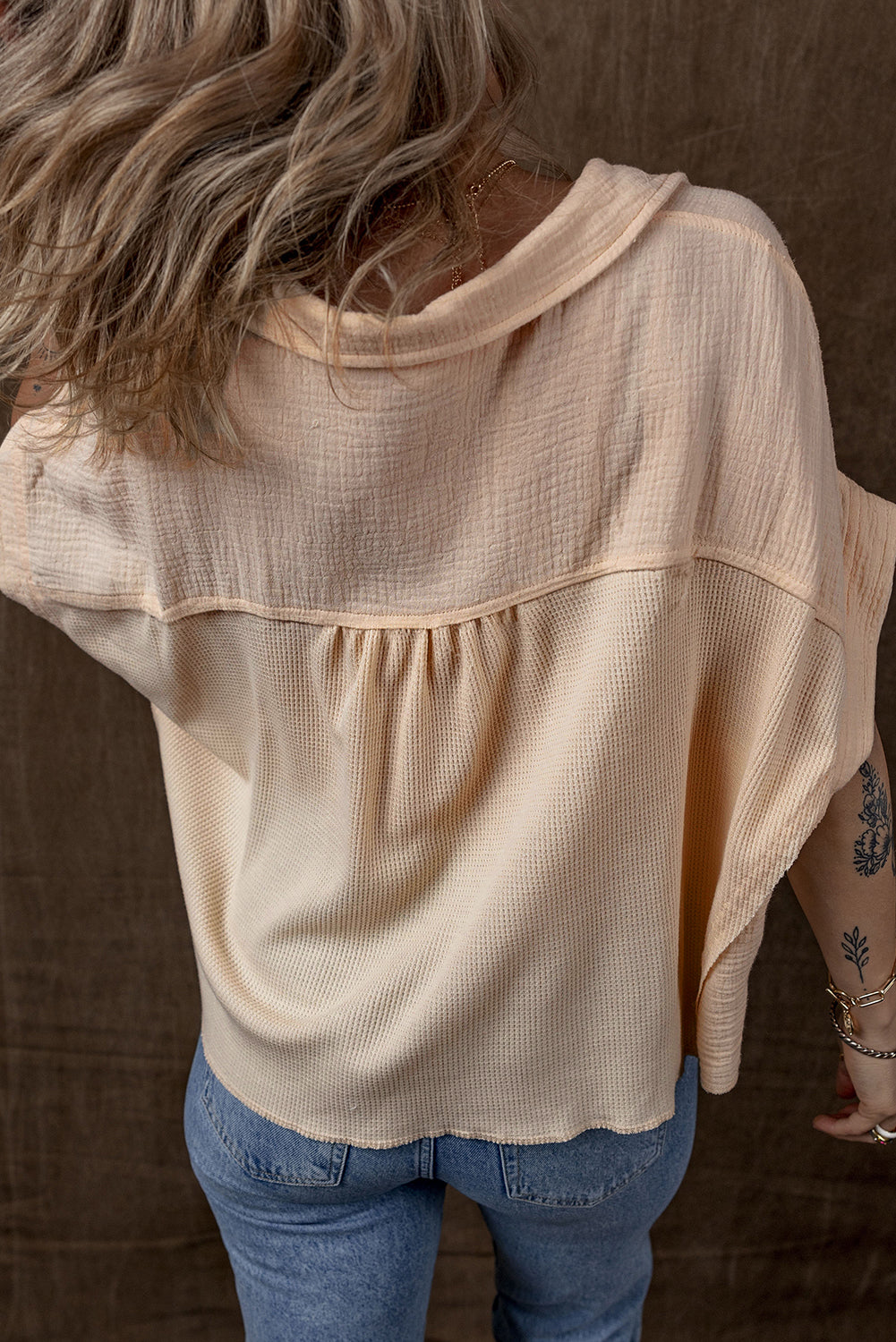 Beige Waffle Splicing Batwing Sleeve Shirt with Flap Detail