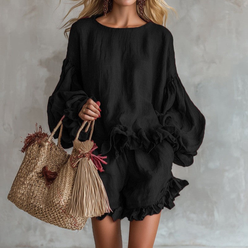 Women's Lantern Sleeve Top and Ruffled Shorts Two-Piece Set - Image 2