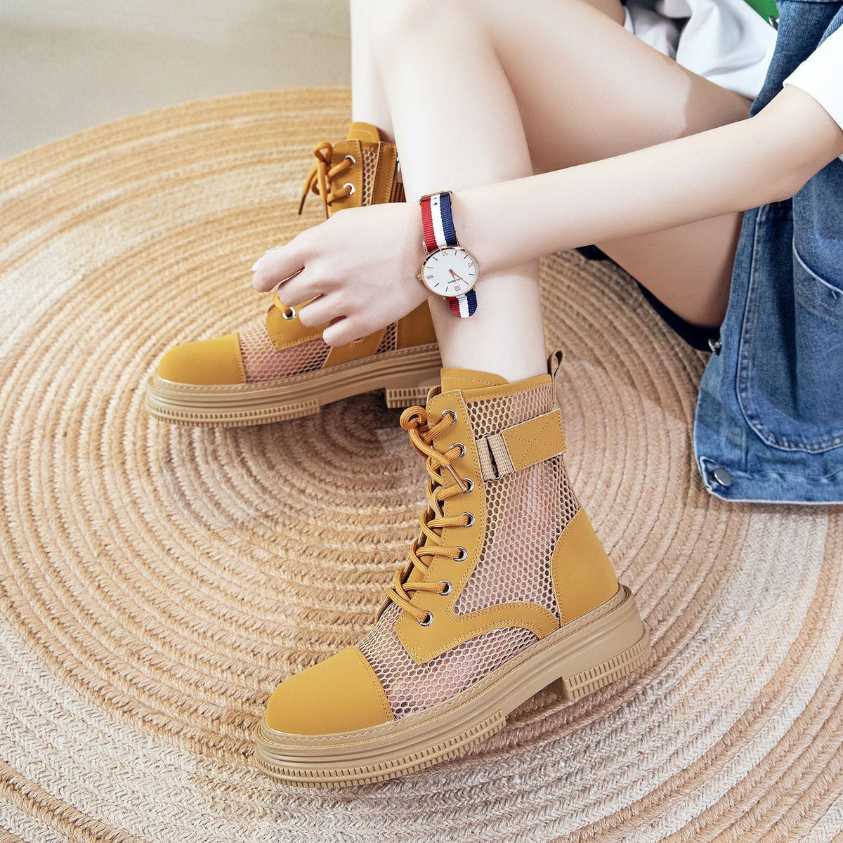Women's Lace-Up Mesh Cutout Ankle Boots