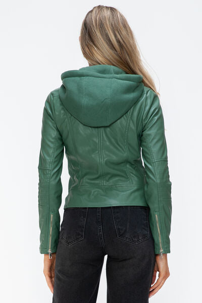 Women's Faux Leather Zip-Up Hooded Jacket Casual Urban Streetwear