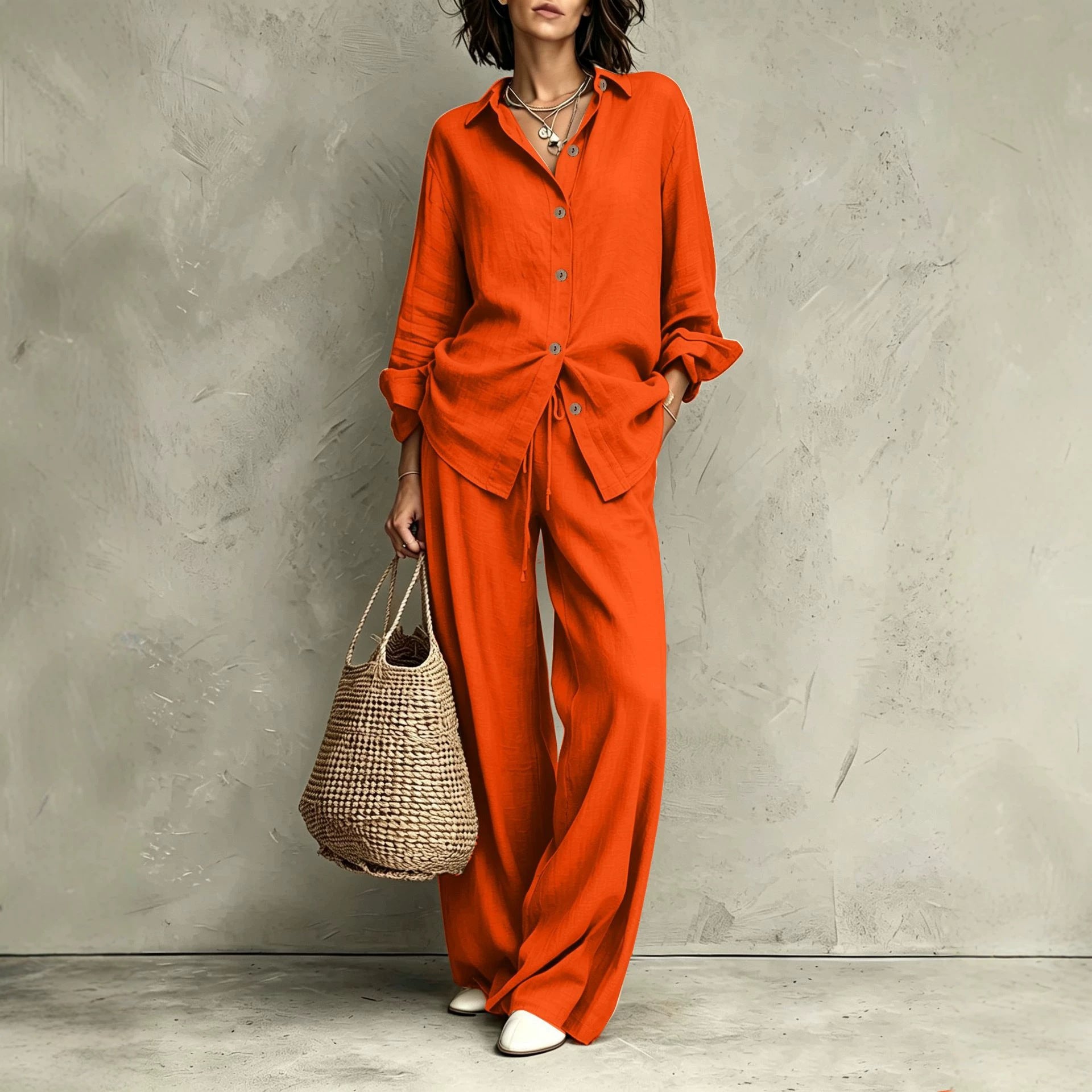 Women's Button-Down Shirt & Wide-Leg Pants Set