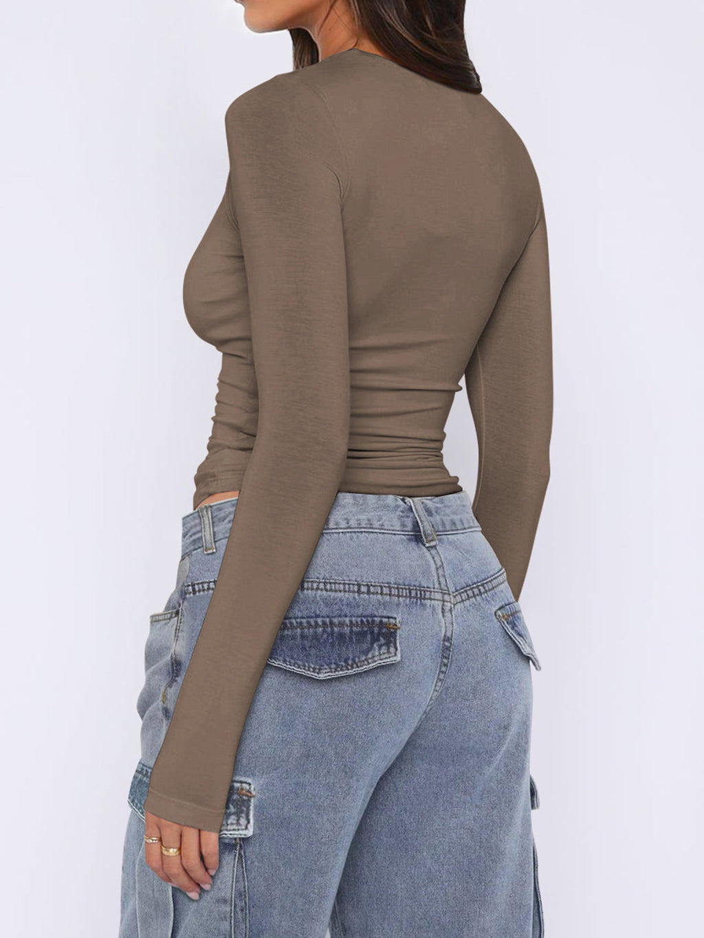 Ruched Asymmetrical Neck Long Sleeve T-Shirt in Slim Fit - Image 11