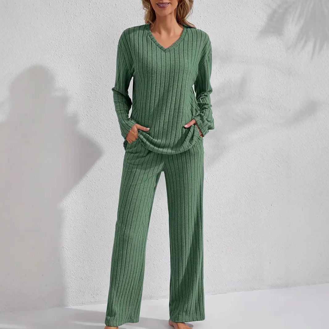 Women wearing a comfortable ribbed long sleeve top and matching pants loungewear set