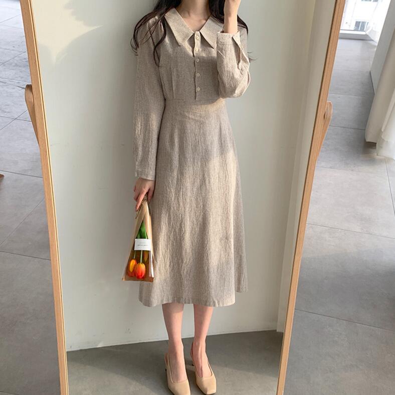 2020 Korean Style Long Sleeve Checkered Dress