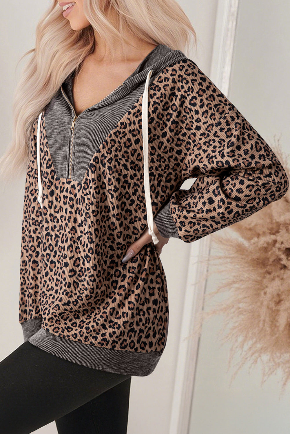 Leopard Ribbed Knit Contrast Half-Zip Hoodie