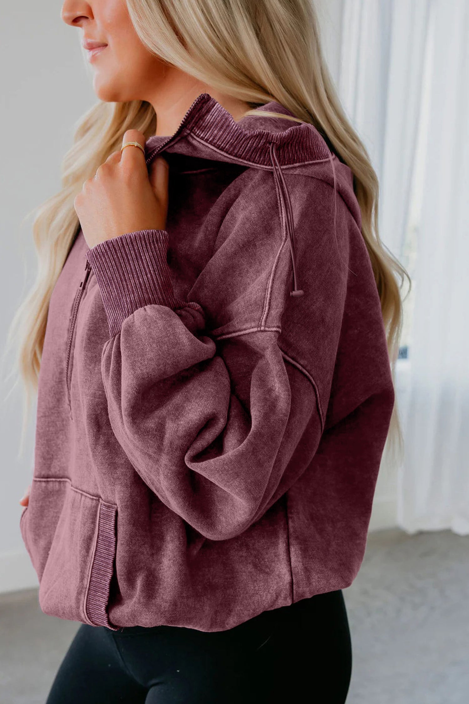 Black Half Zip Kangaroo Pocket Mineral Wash Baggy Hoodie