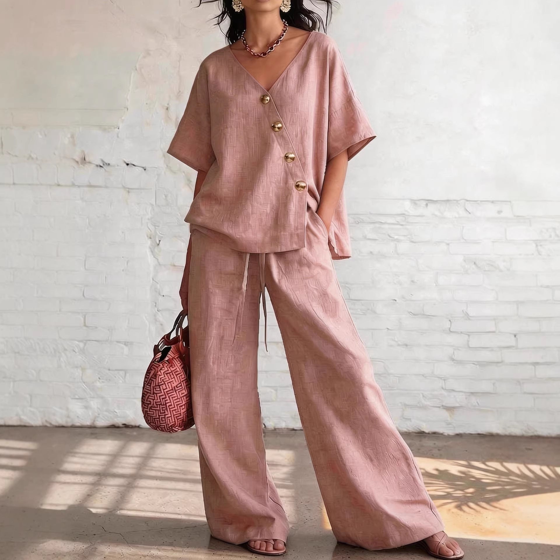 Women's V-Neck Cotton-Linen Top and Wide-Leg Pants Set - Image 5
