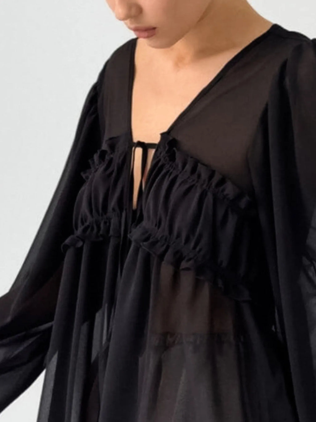 White Ruffled Tie Front Long Sleeve Sheer Blouse - Image 13