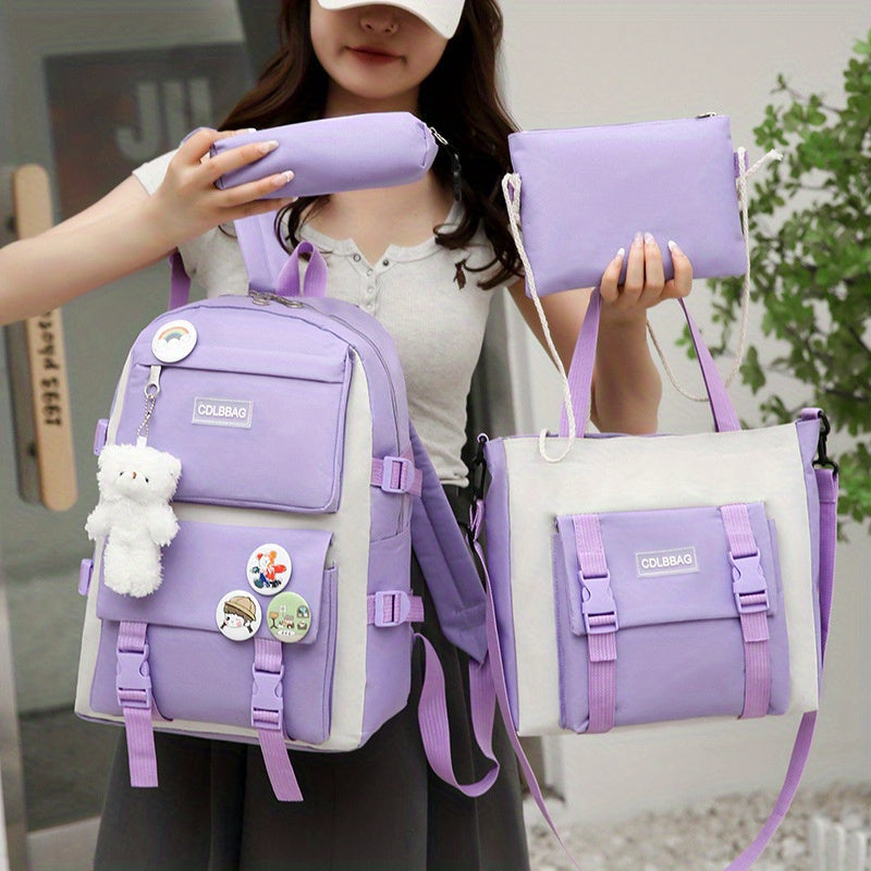 4pc Large Capacity Canvas Backpack for Teens School  Travel