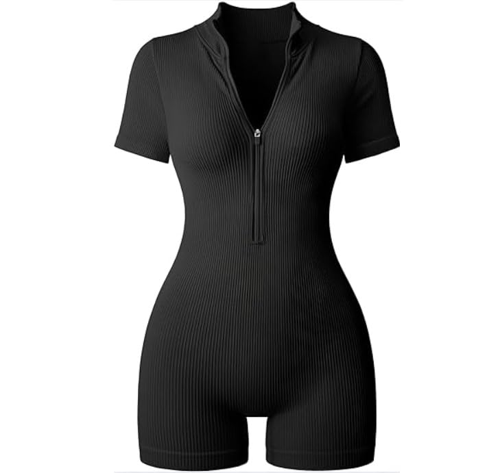 Womens Workout rompers Ribbed Yoga Rom Romper Tummy Control Sexy Jumpsuits One Piece Short Sleeve Zip Up Romper