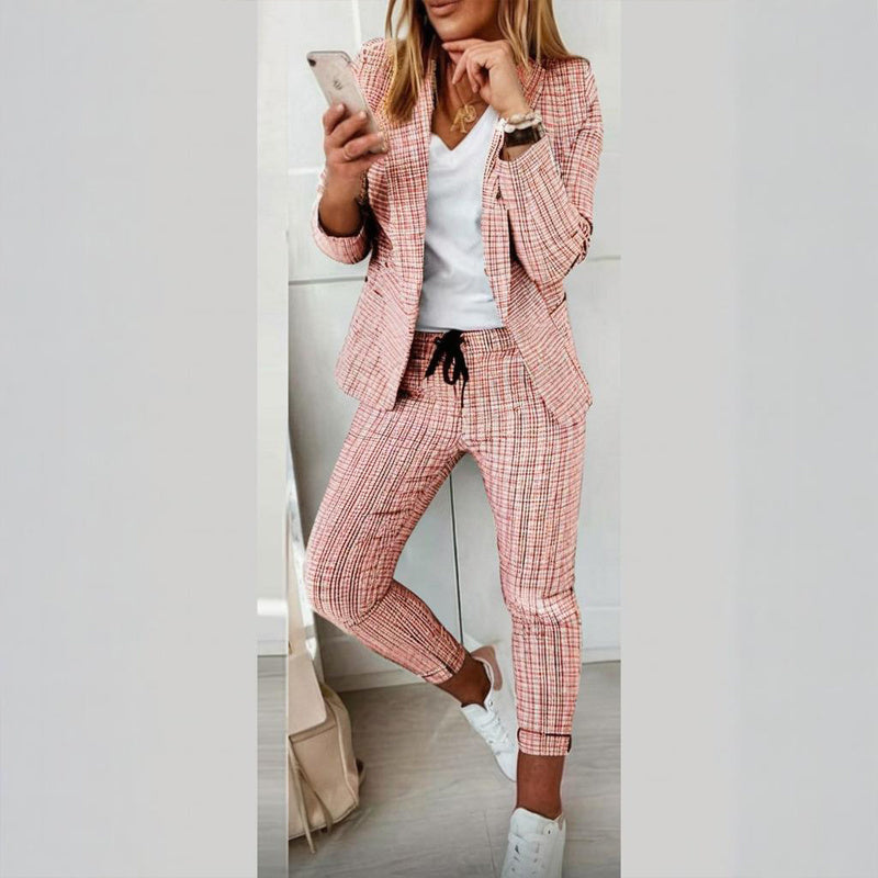 Women's Plaid Two-Piece Suit Set with Blazer and Drawstring Pants
