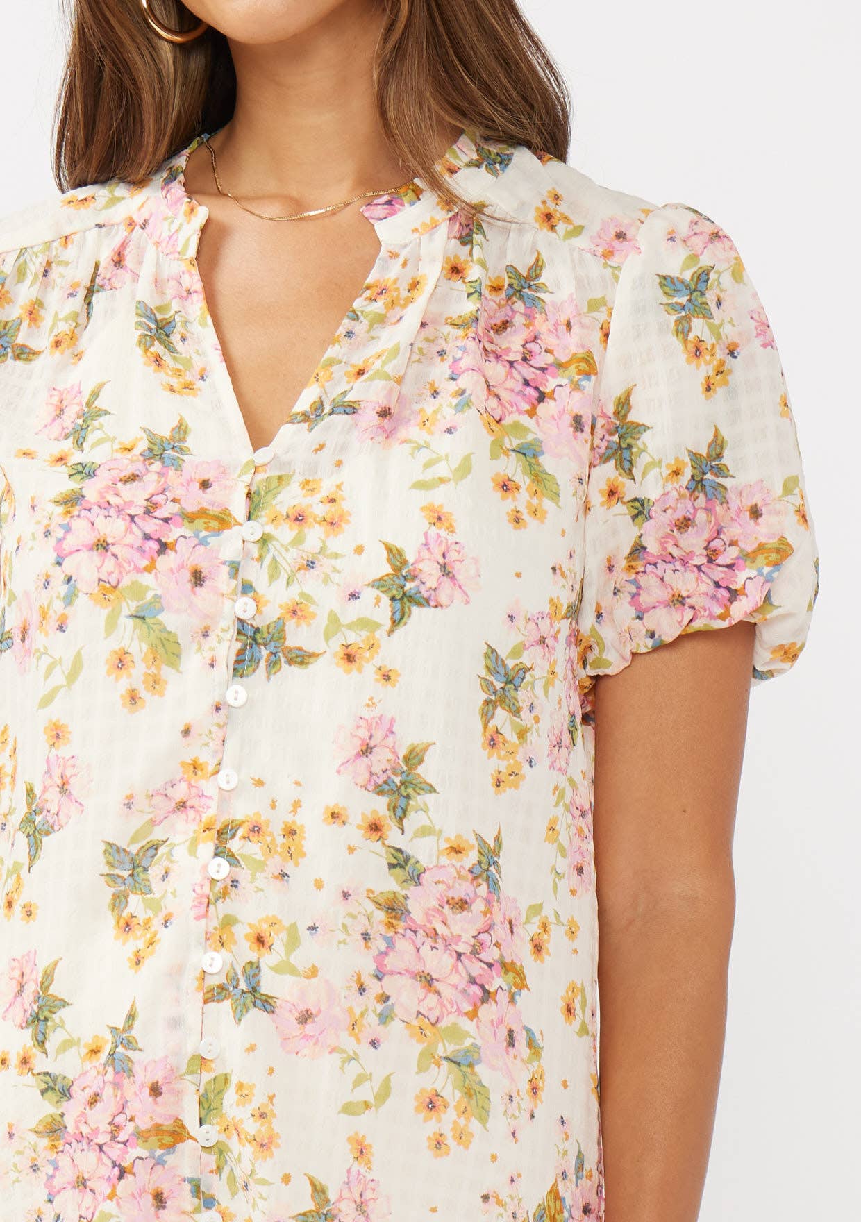 Floral Puff Sleeve Button-Down Top in Natural and Dusty Pink