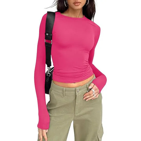 Women T-shirt Long Sleeve Crew Neck Solid Slim Fit Tee  Crop Top