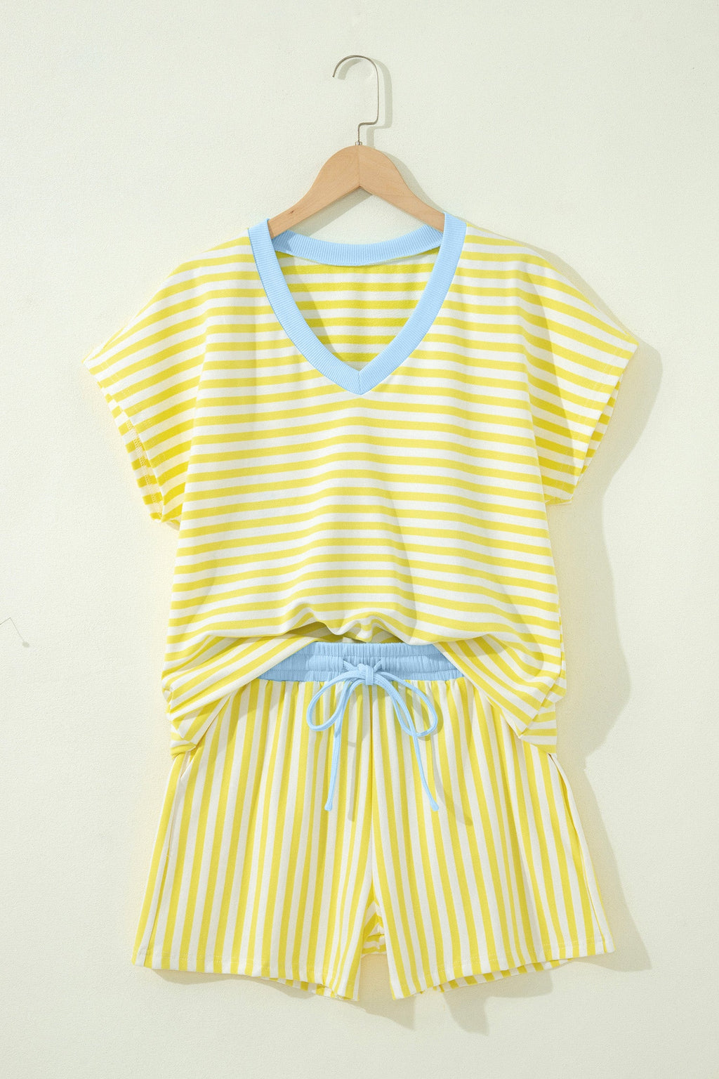 Stripe Colorblock V-Neck Tee & Drawstring Short Loungewear Set