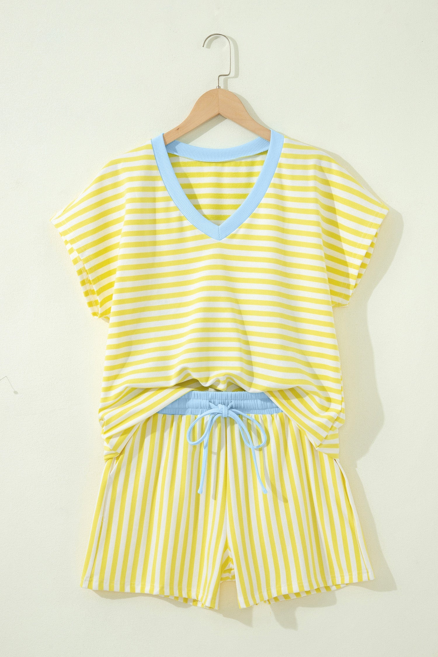 Stripe Colorblock V-Neck Tee & Drawstring Short Loungewear Set