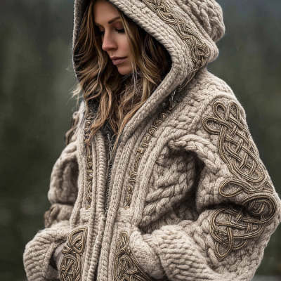 Women's Hooded Zip-Up Cable Knit Cardigan with Celtic Pattern - Image 3