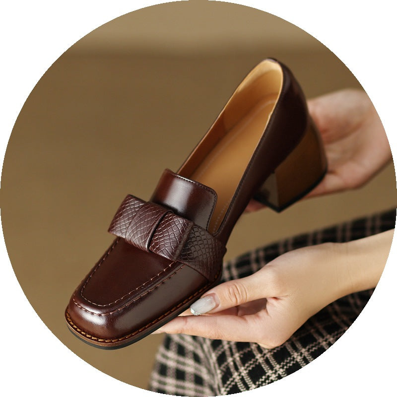 Women Brown Square Toe Chunky Heel Pumps with Decorative Bow - Image 3
