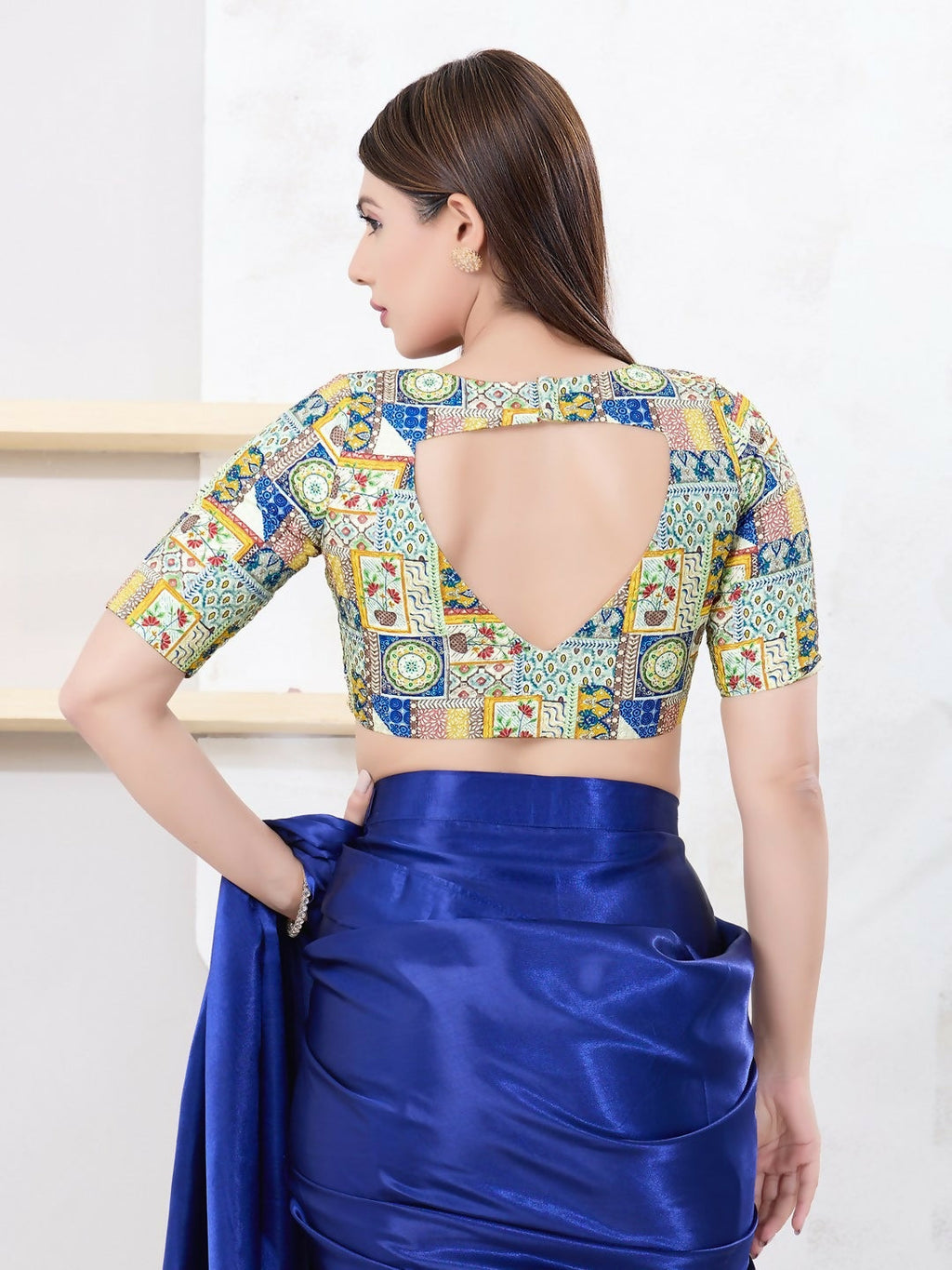 Multi Polyester V-Neck Sleeveless Front Open Blouse