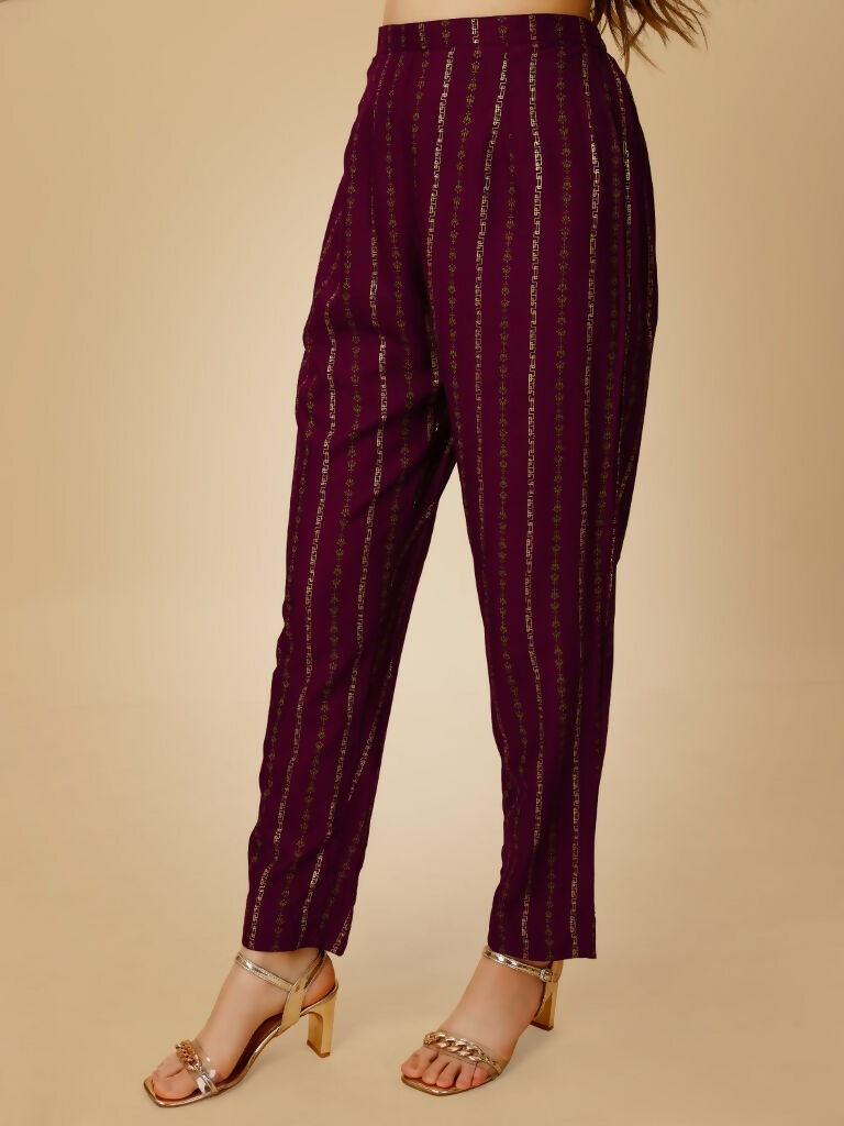 Women's Wine Embroidered Rayon Kurta Pant Set Straight Calf Length