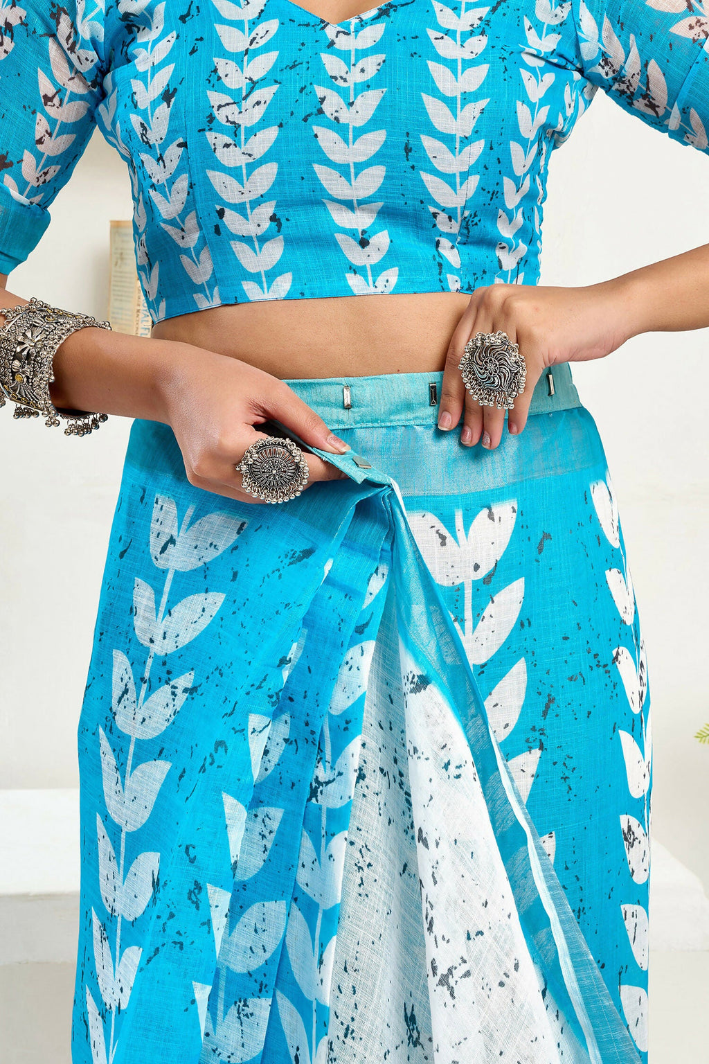White Leaf Print Ready to Wear Linen Saree with Sky Blue Blouse