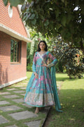 Women's Sky Blue Russian Silk Anarkali dress with digital floral prints and embroidery, paired with a matching dupatta.