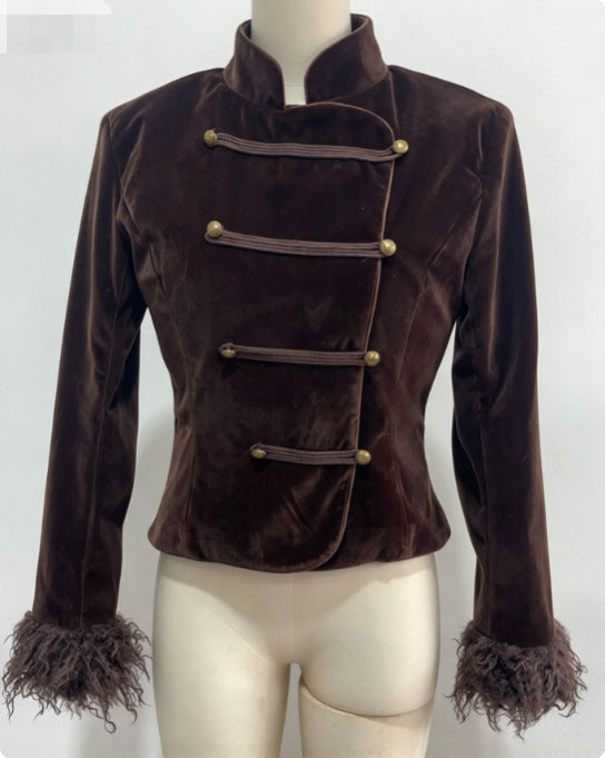 Women's Dark Brown Stand-Collar Slant-Button Jacket