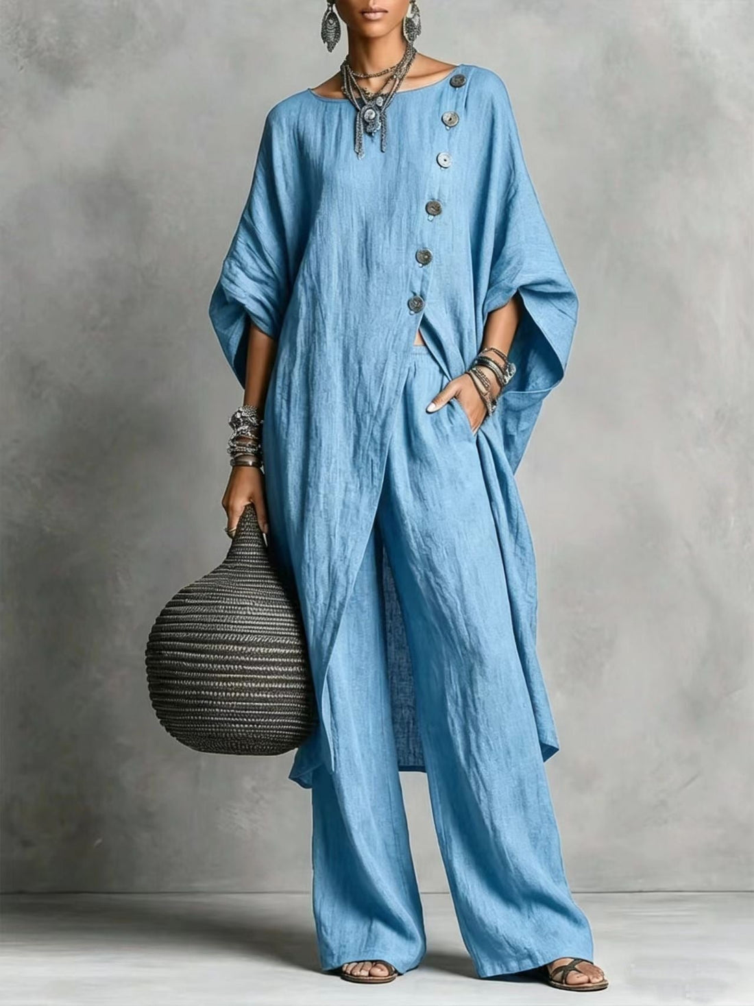 Women's Drop Shoulder Irregular Hem Tunic and Wide Leg Pants Set - Image 12